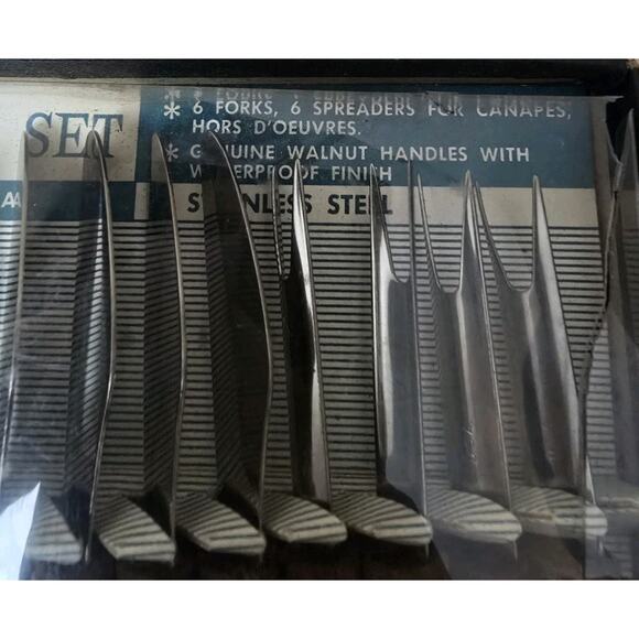 Vintage Hostess Set Walnut & Stainless Steel Appetizer Utensil Set. Made in USA - Picture 5 of 7